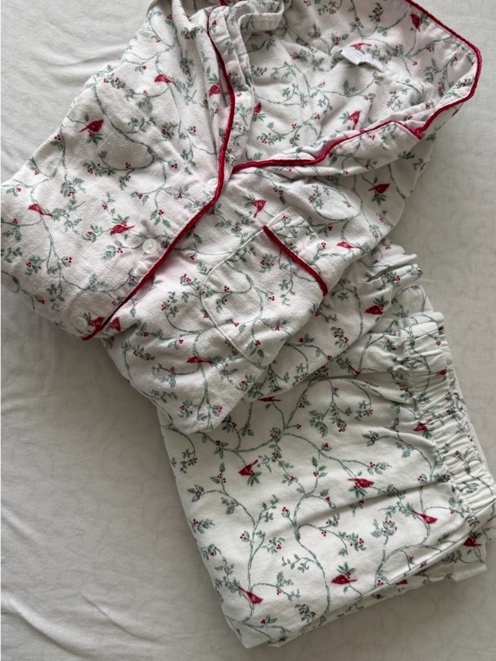 Charter Club Cream Pajama Top with Red Cardinal & Green Vine Print